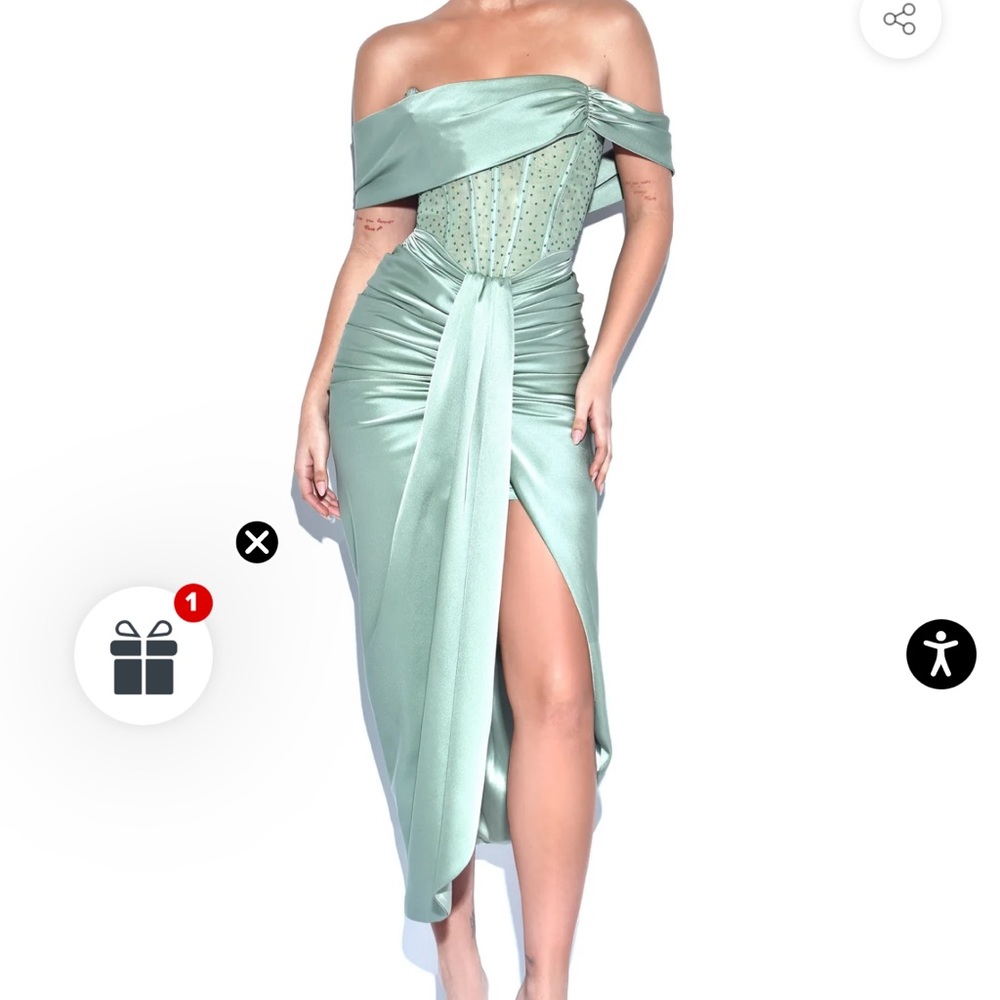Miss Circle Stella Basil Off Shoulder Crystal Corset Satin Gown